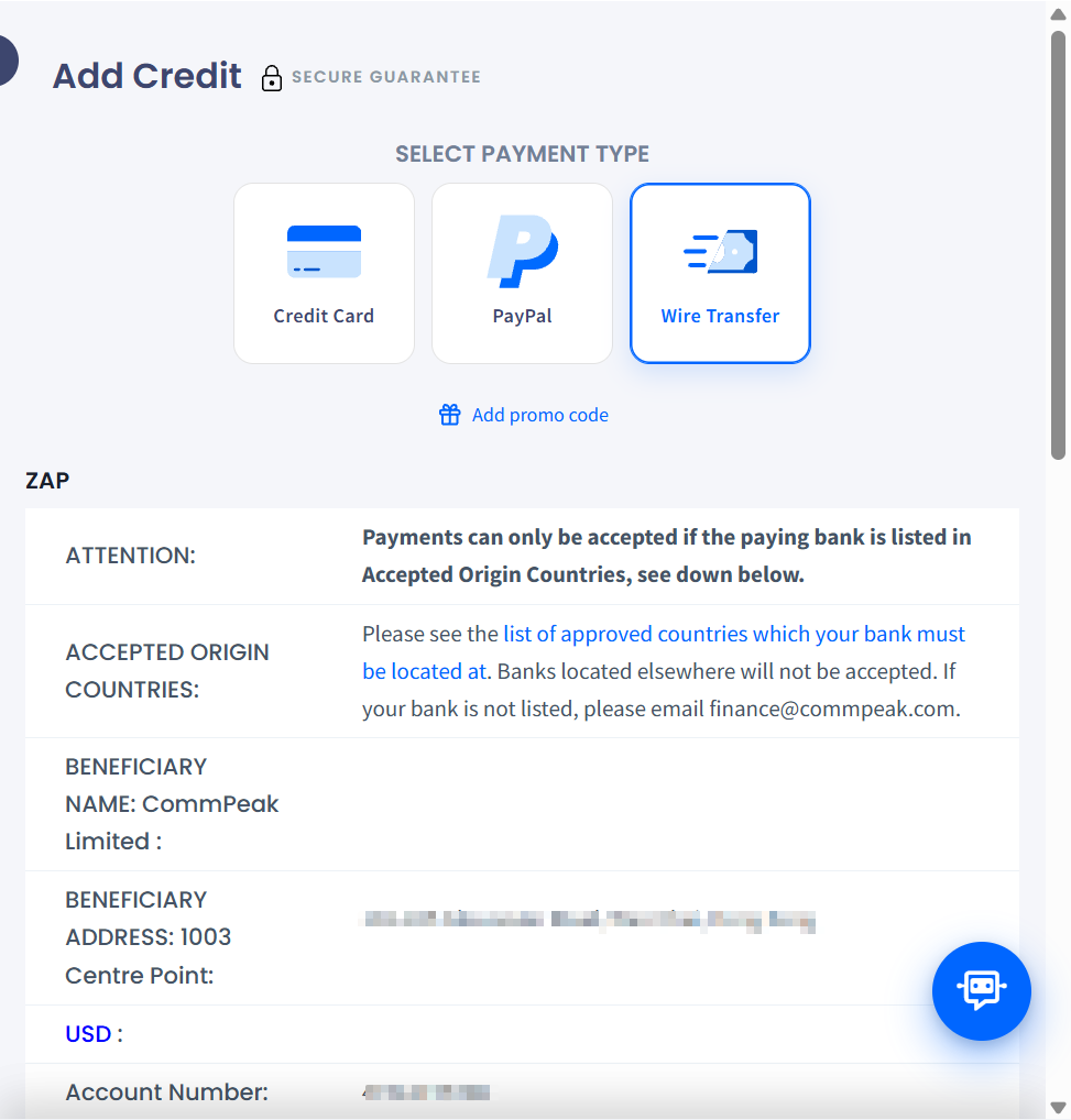 Screenshot with the Wire Transfer payment type selected