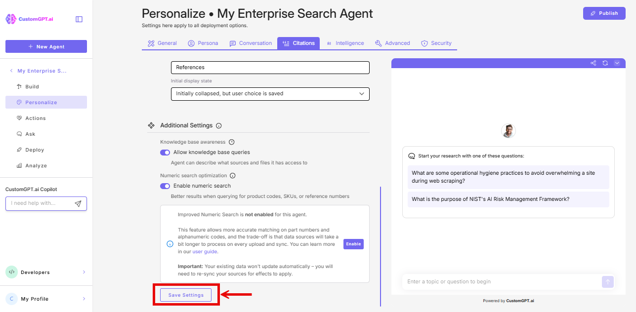 Save settings button on the Citations tab