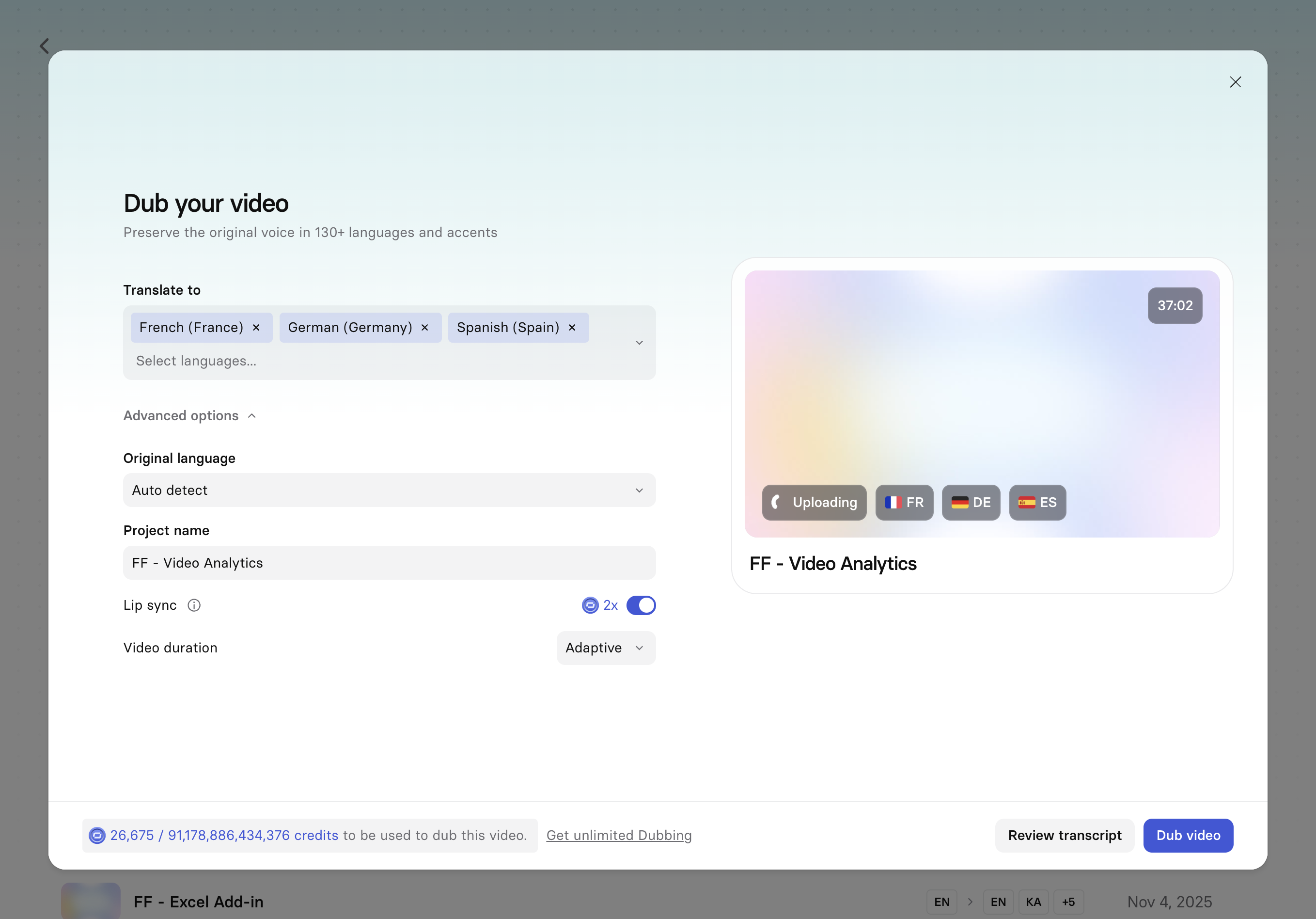 The Translate to language selector in the dubbing modal