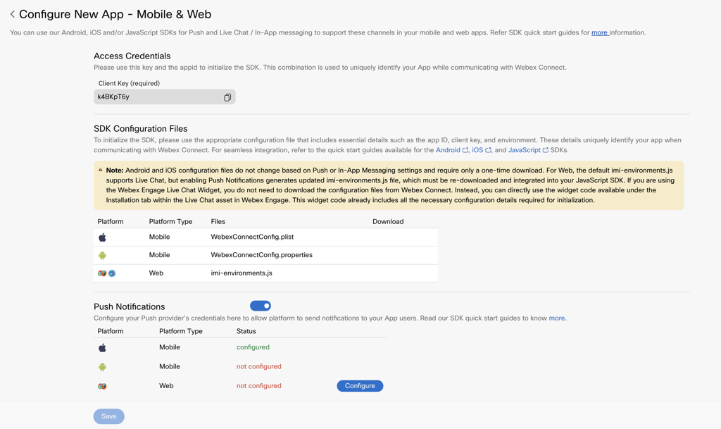 Screenshot of Configuring New Mobile & Web App Page