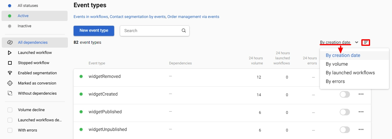 Additional filters to sort events