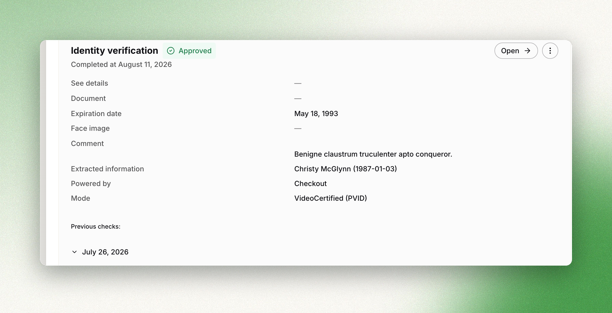 Identity verification check, approved, with its extracted information