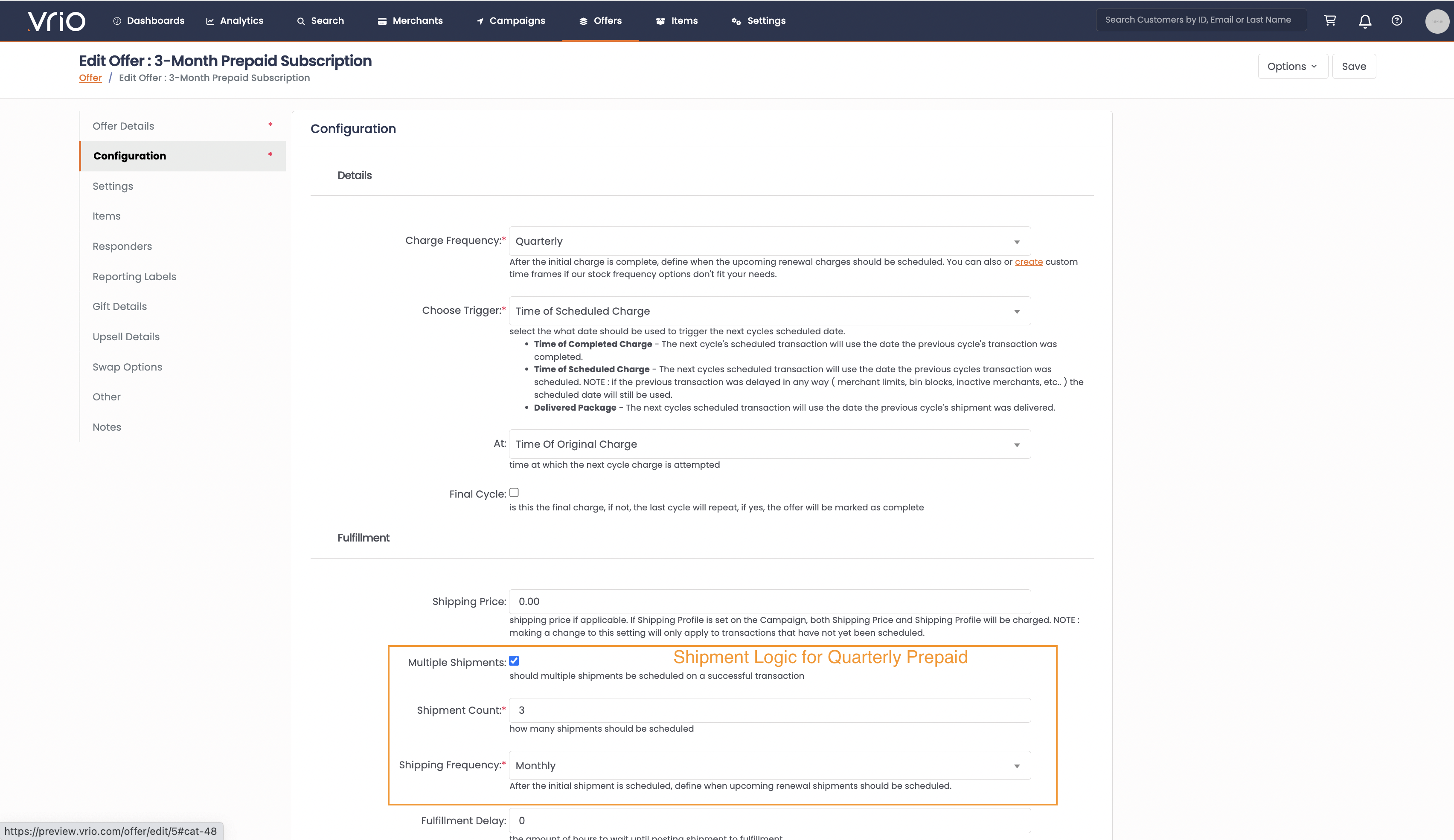 Multiple Shipments configuration in Offer settings