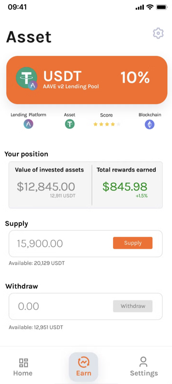 Example of a fictive wallet displaying ability to deposit in the vaults