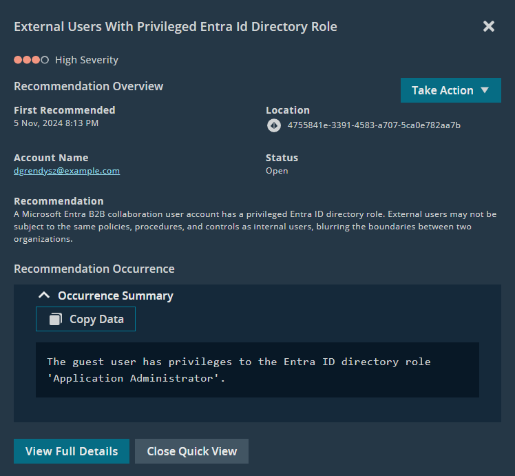 A flyout screen displaying a security recommendation for external users with a privileged Microsoft Entra ID directory role. It highlights account details, status, a warning about policy differences, and a summary regarding privileges for the "Application Administrator" role.