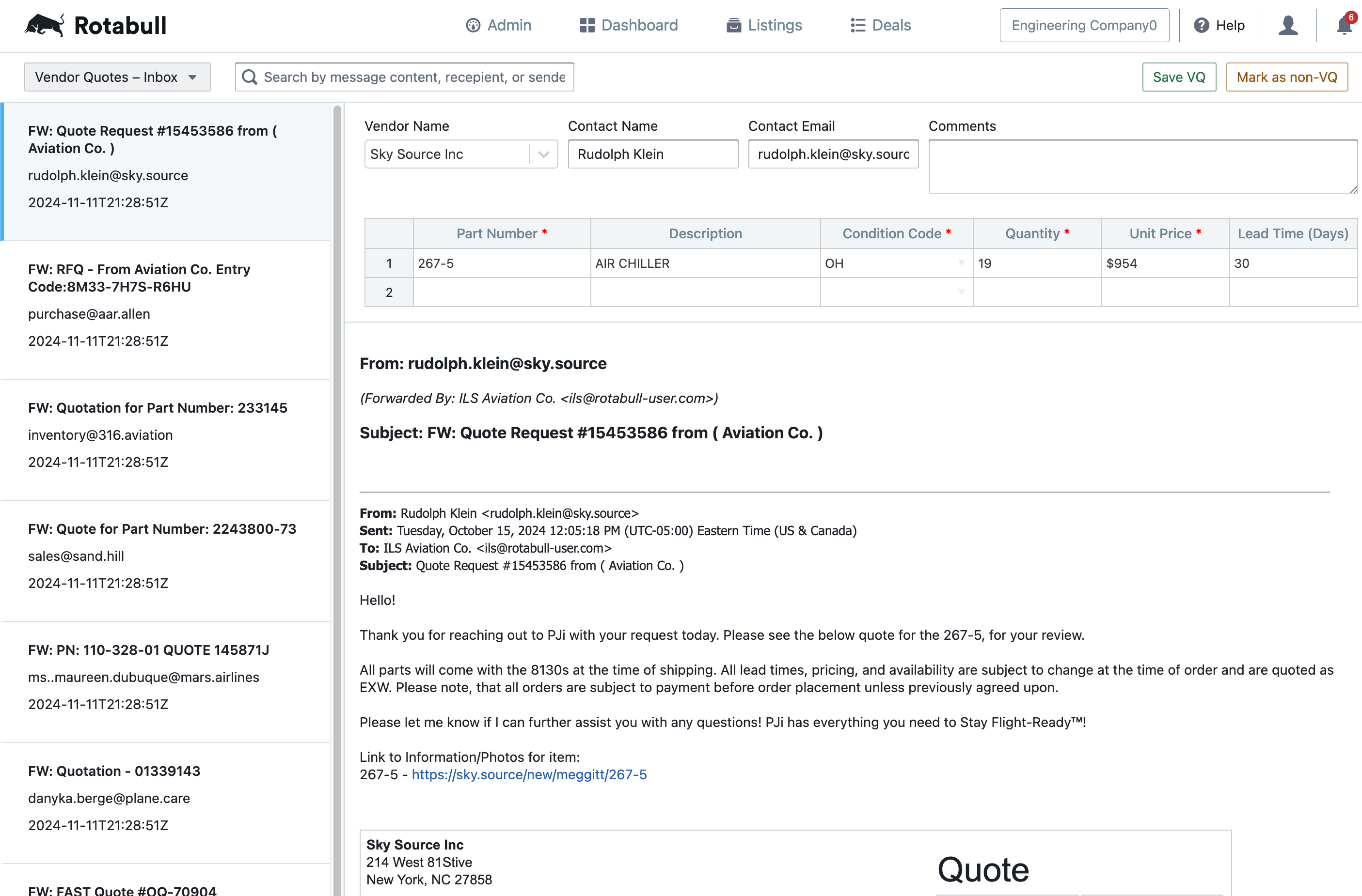 Viewing an example Vendor Quote email