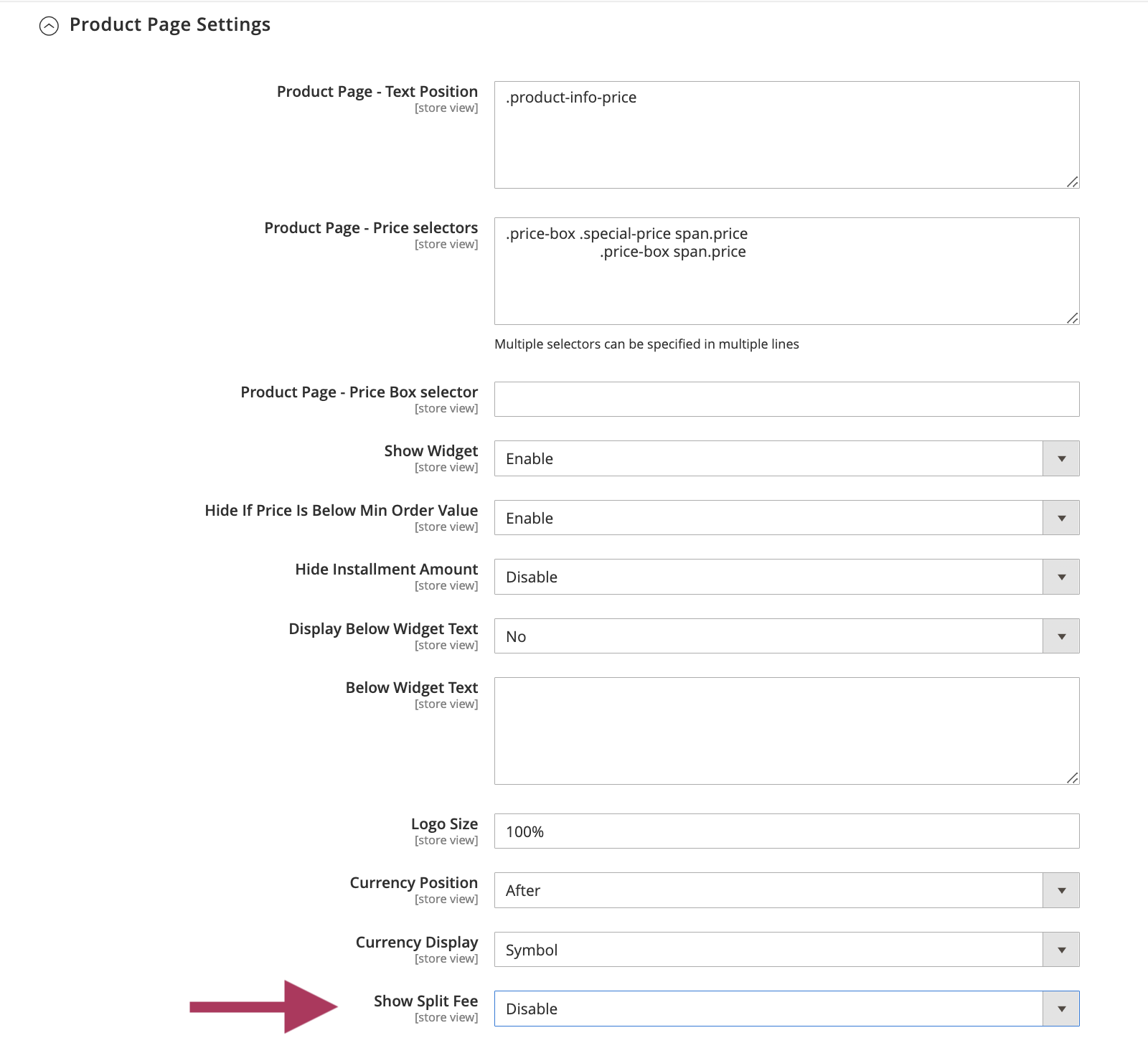 Product Page Settings - Split fee