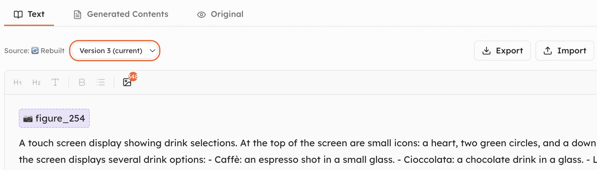 The Text tab of a document, with the Export and Import actions