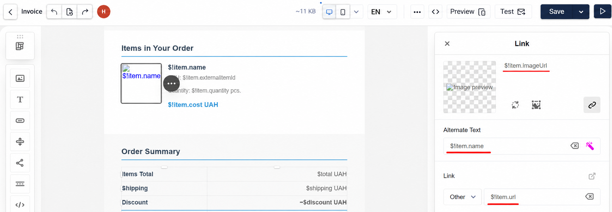 Image block settings with dynamic URL, link, and alt text variables