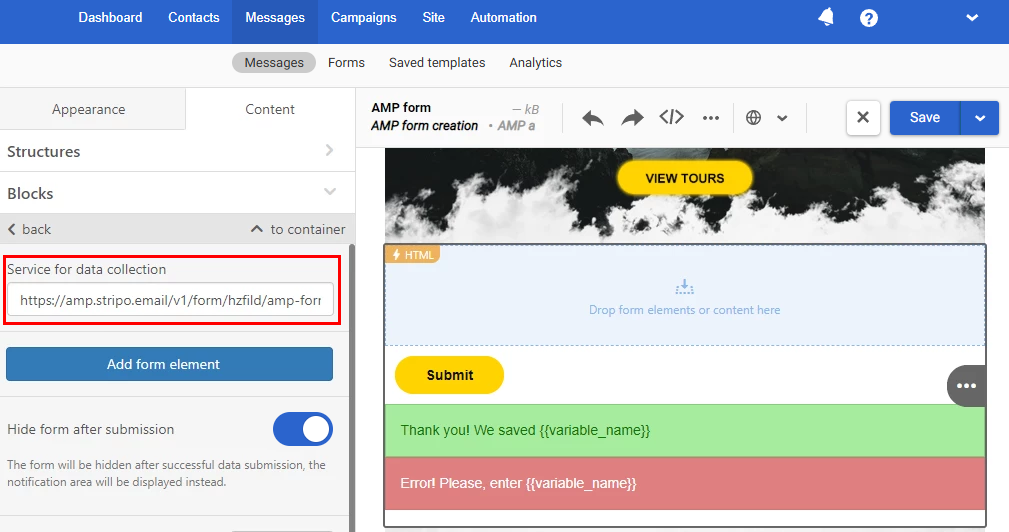 Email template with AMP form in email editor