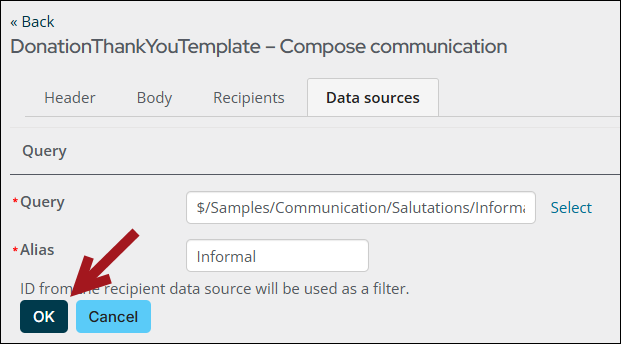Clicking the OK button for the new data sorce after selecting the query and entering an Alias
