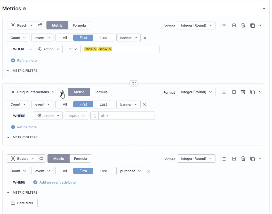Report metric editor showing Reach, Unique interactions, and Buyers metrics.