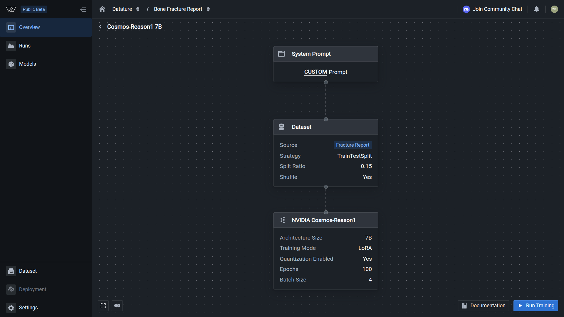 Workflow canvas with all three nodes configured and showing values, and the Run Training button active