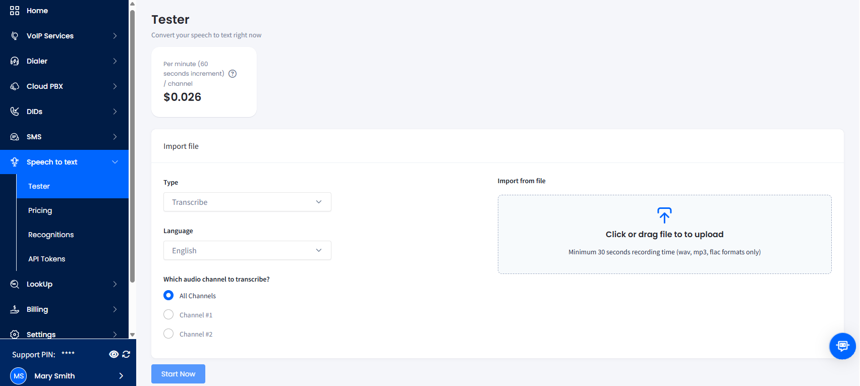 Screenshot of the Speech to tab menu options