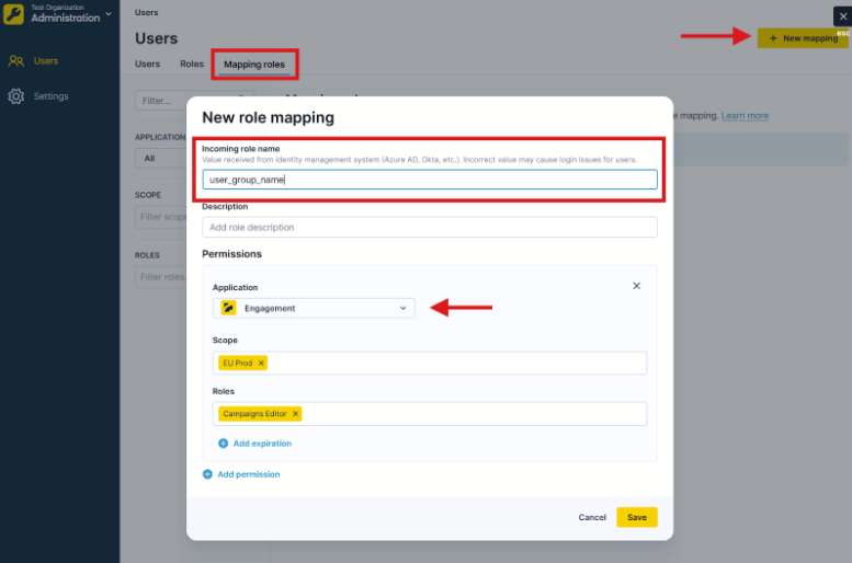 Bloomreach New role mapping dialog showing incoming role name field and Engagement application selected.