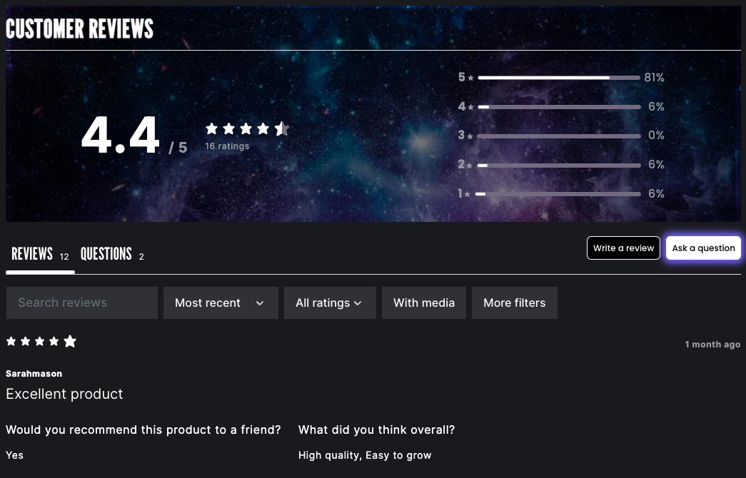 dark galaxy themed css for product reviews widget