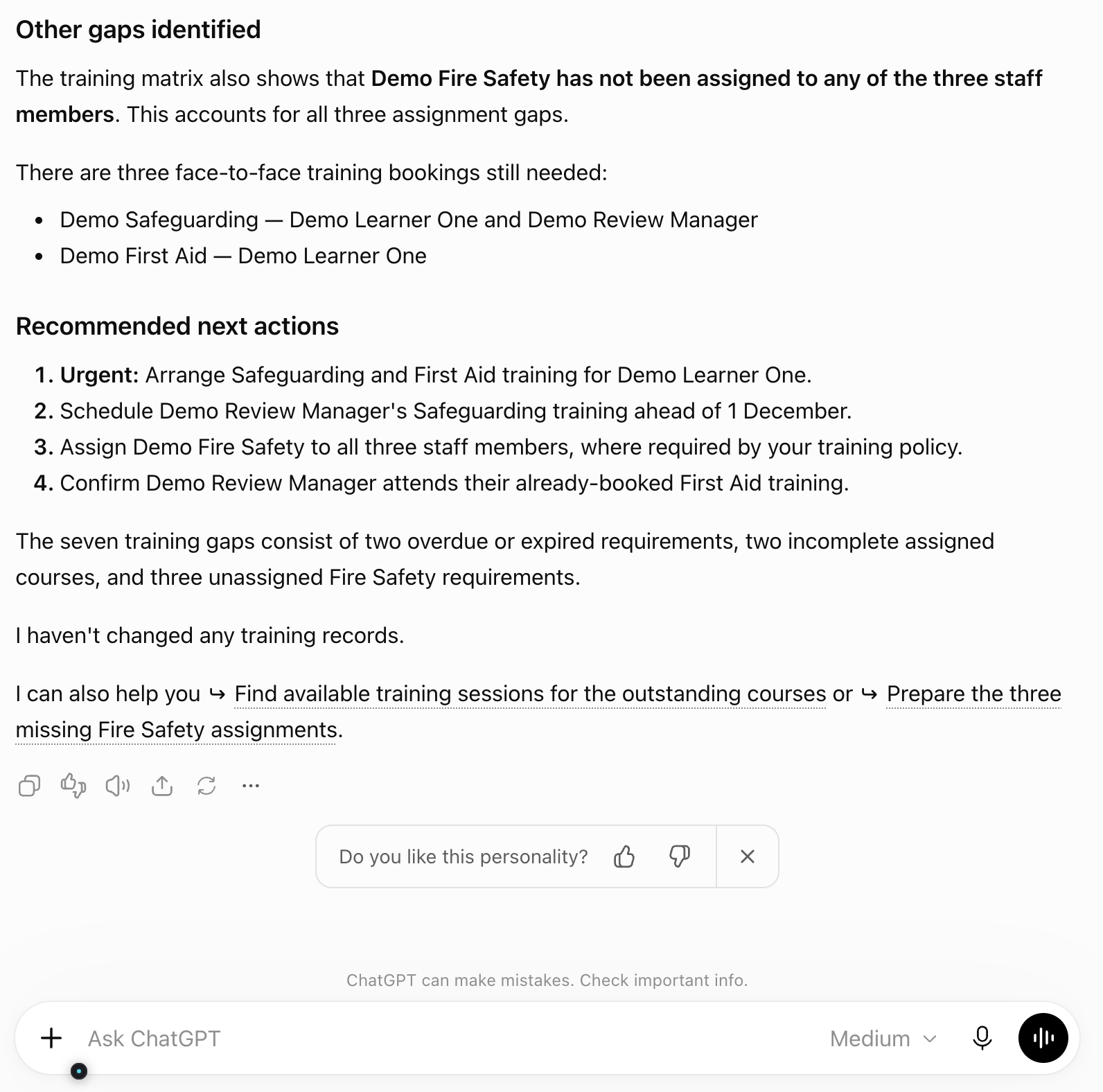 The continuation of the demo answer, showing assignment gaps, suggested actions and confirmation that no training records were changed