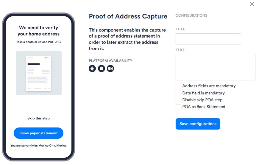 Image of the Proof of Address Capture configuration screen. Has six configuration options.