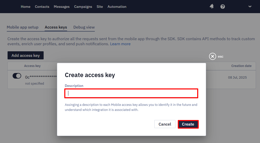 Create access key dialog with the Description field and Create button boxed in red.