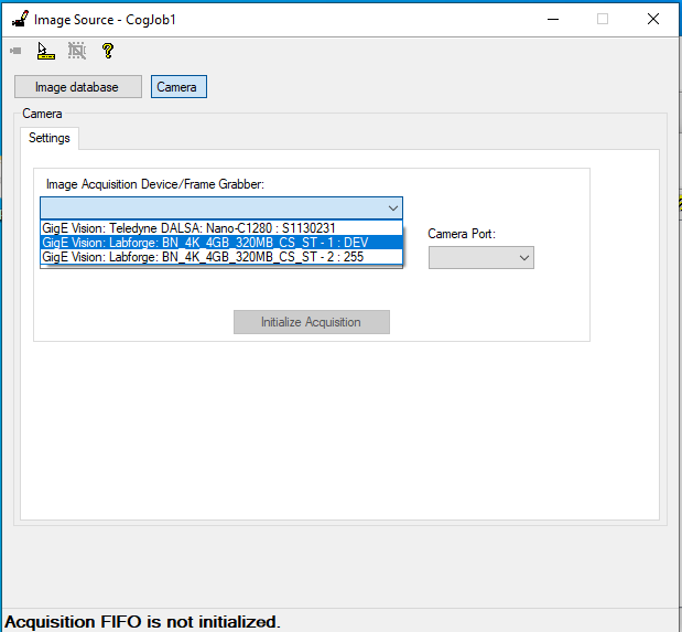 VisionPro QuickBuild: Image Source Window showing multiple GigE Vision Cameras including two Bottlenose Cameras.