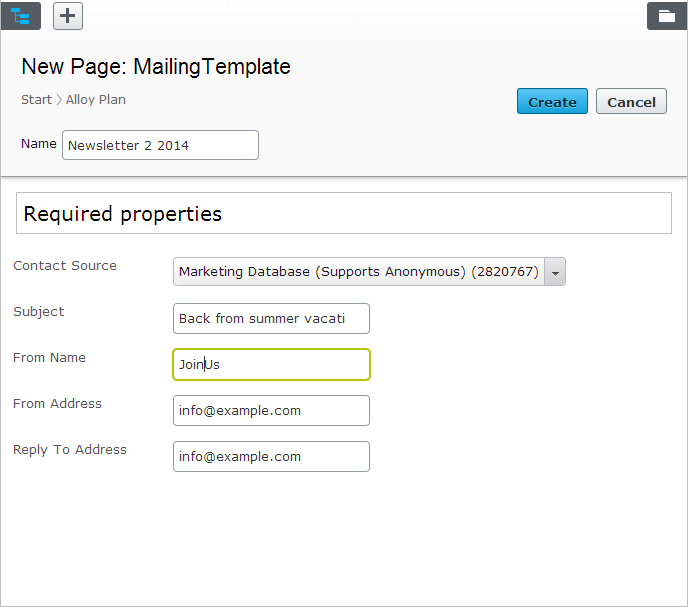 Screenshot of the mail template properties where entering newsletter name, database, subject, and from address