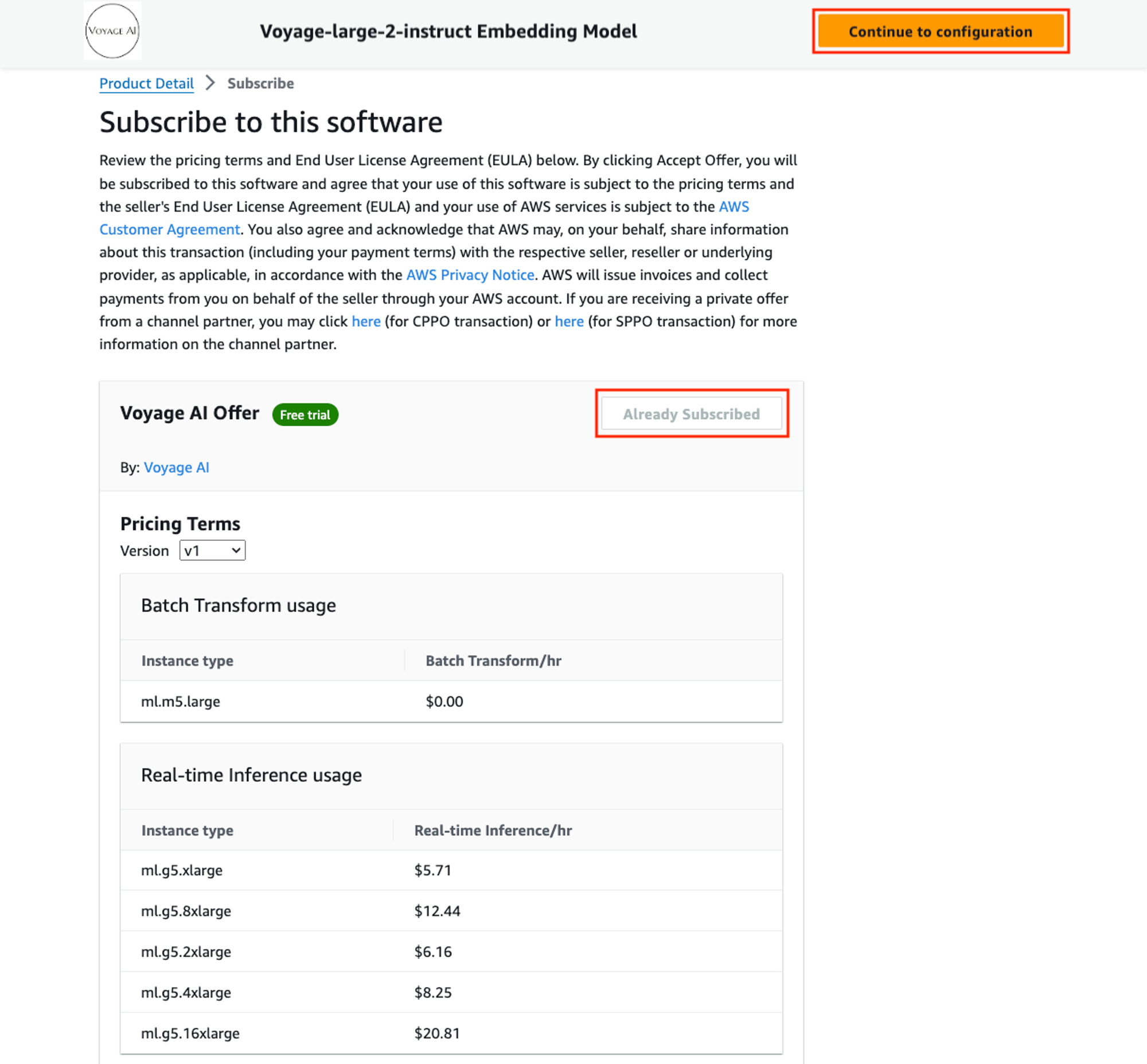 Voyage AI model package AWS marketplace already subscribed