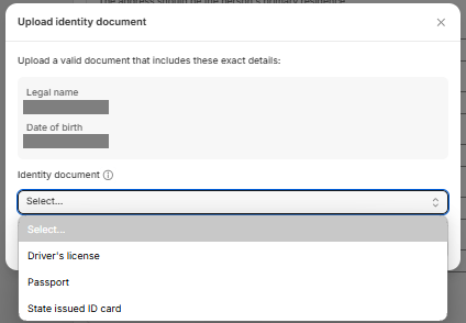 Select the document type from the **Identity document** dropdown list