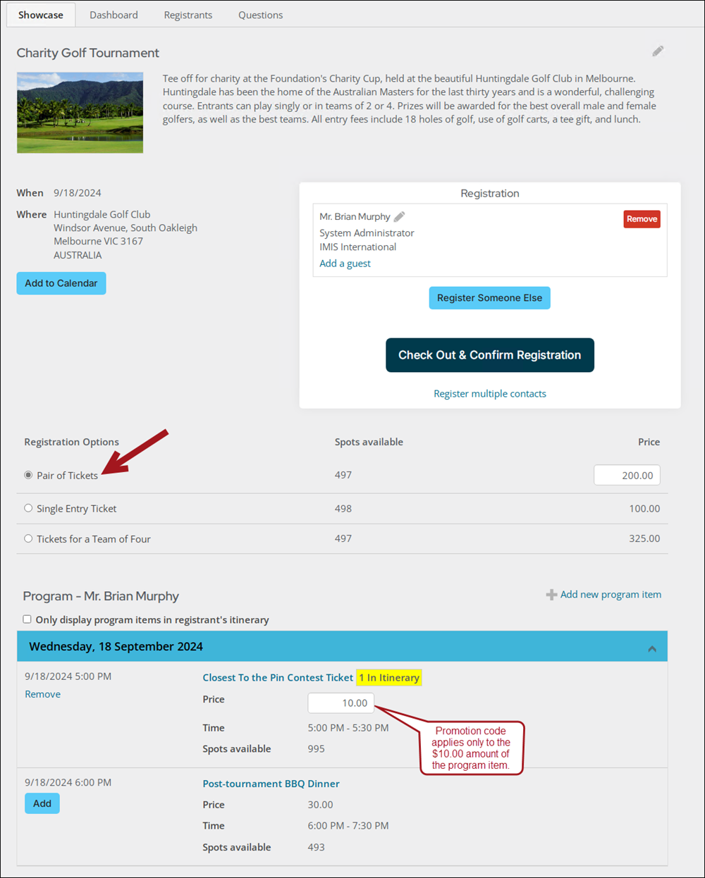 An example of a promotion code in an Event