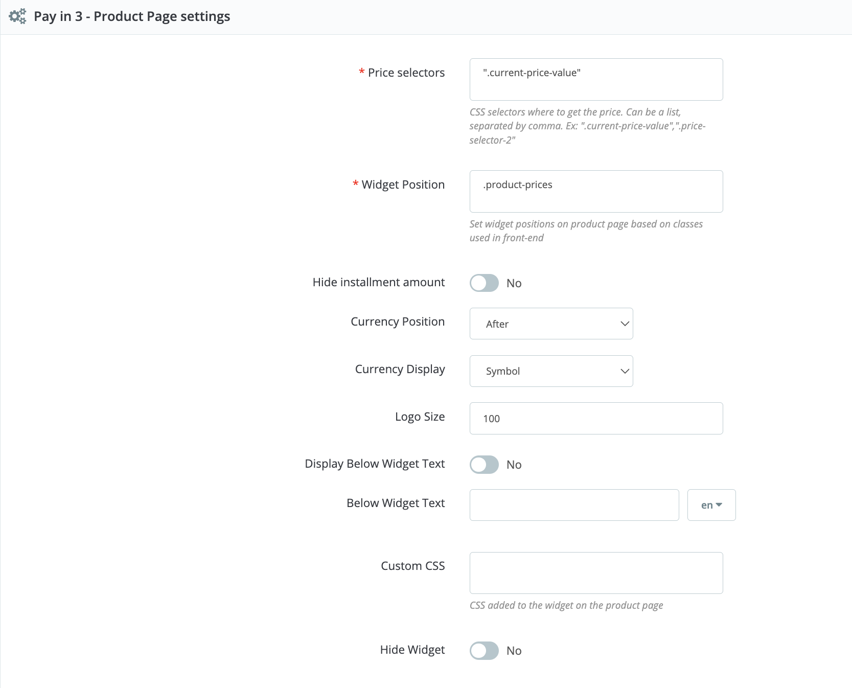 Product page settings