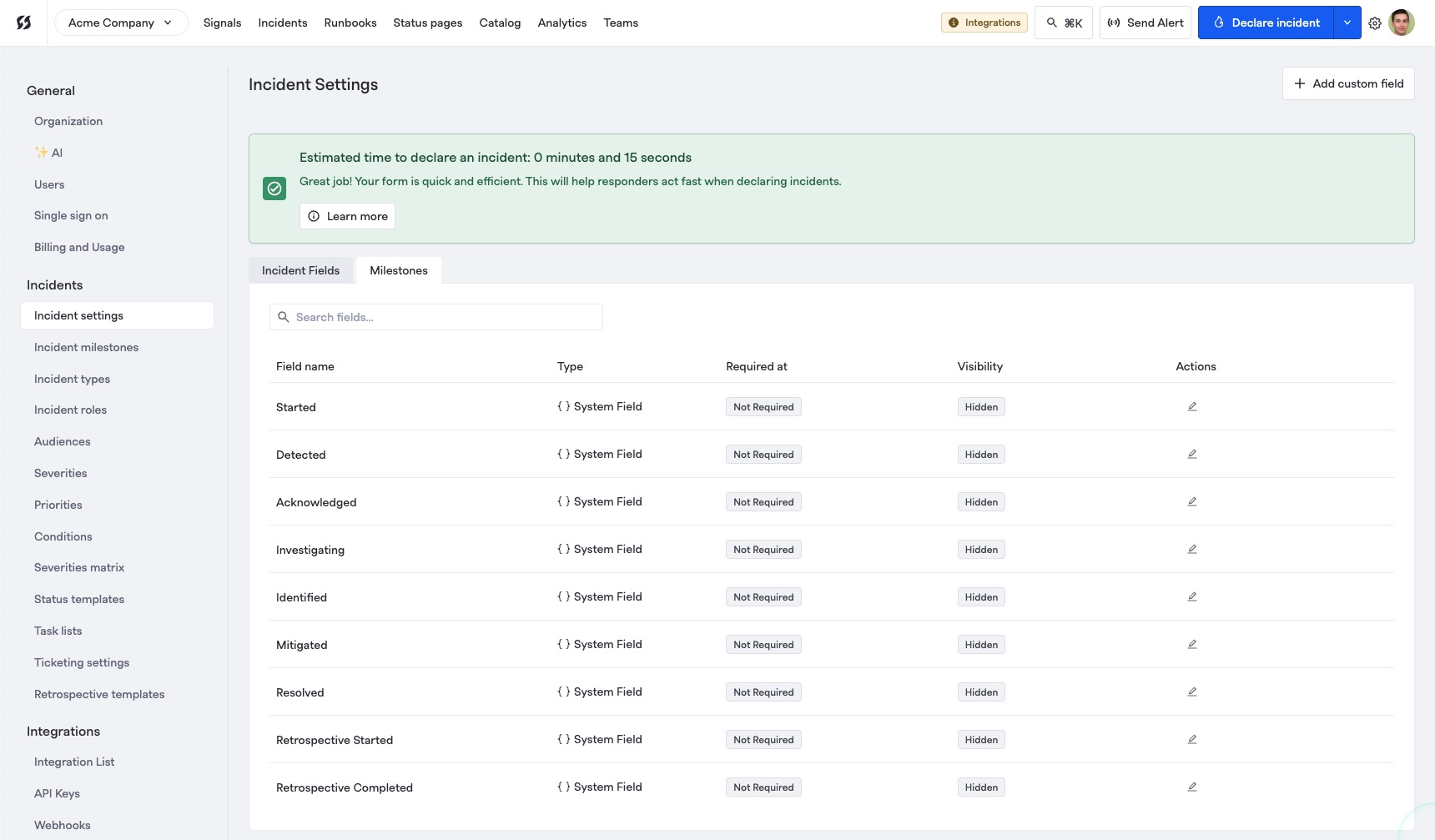 Milestones requirements in Incident Settings