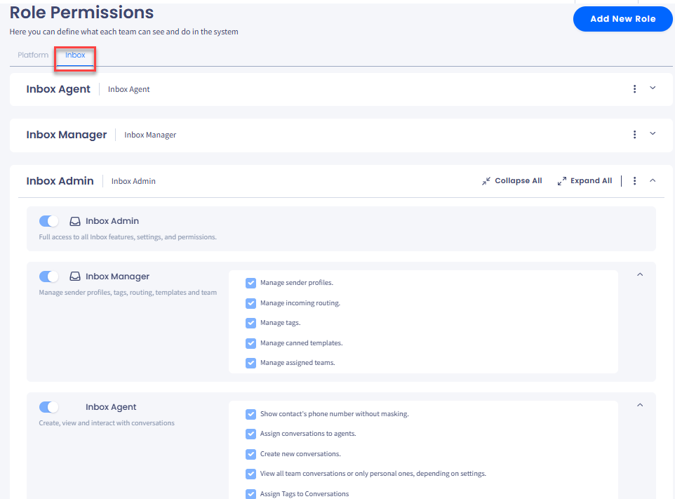 Screenshot with Role Permission page with the Inbox tab highlighted