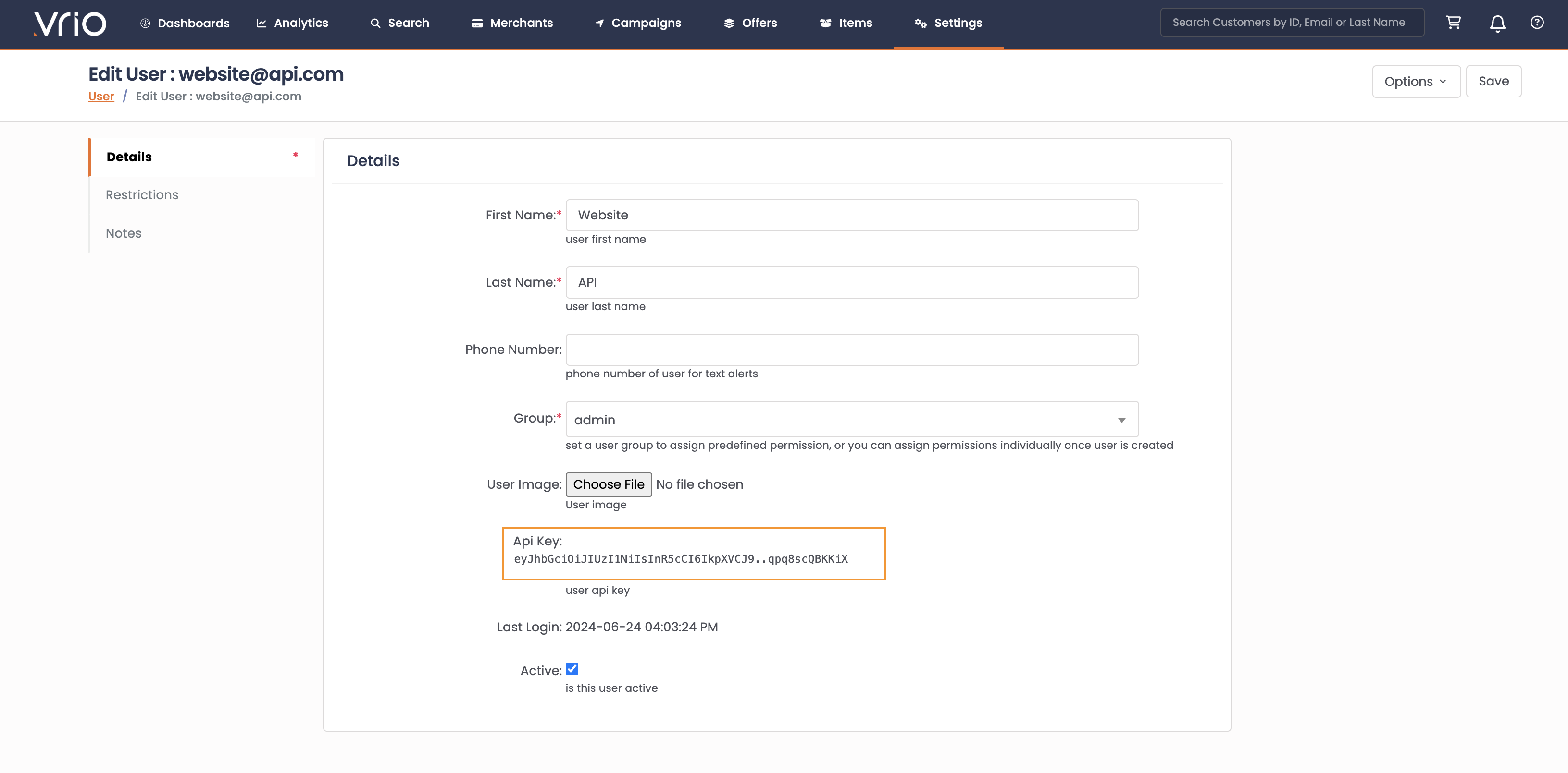 API Key location in user details
