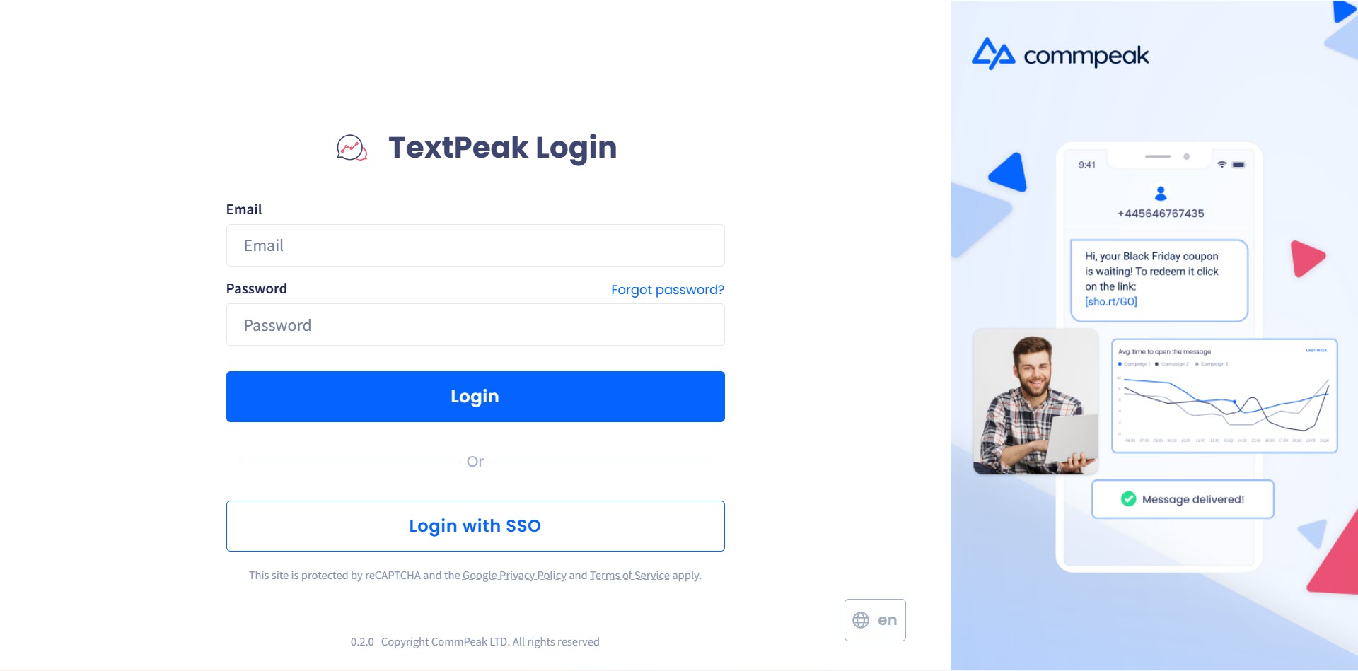 Screenshot with the TextPeak login options