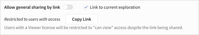 Share Workbook modal general access link section, with allow sharing by link option enabled and the checkbox for link to current exploration selected.