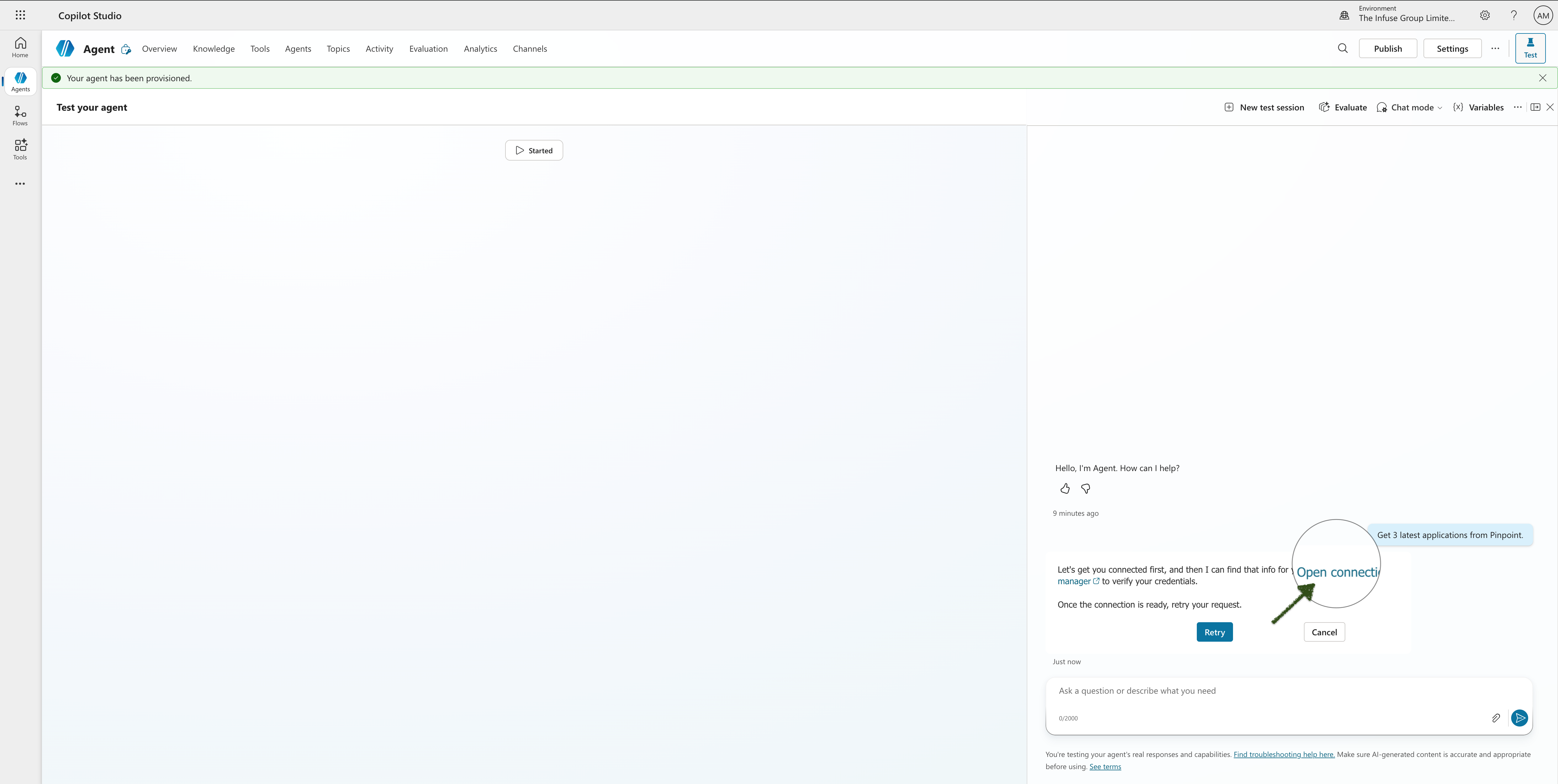 Step 12 – Agent Tools tab showing Pinpoint ATS tool listed