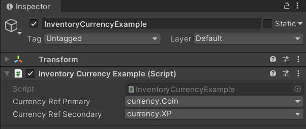 inventorycurrencyexample.png The Example in the Unity Inspector Window