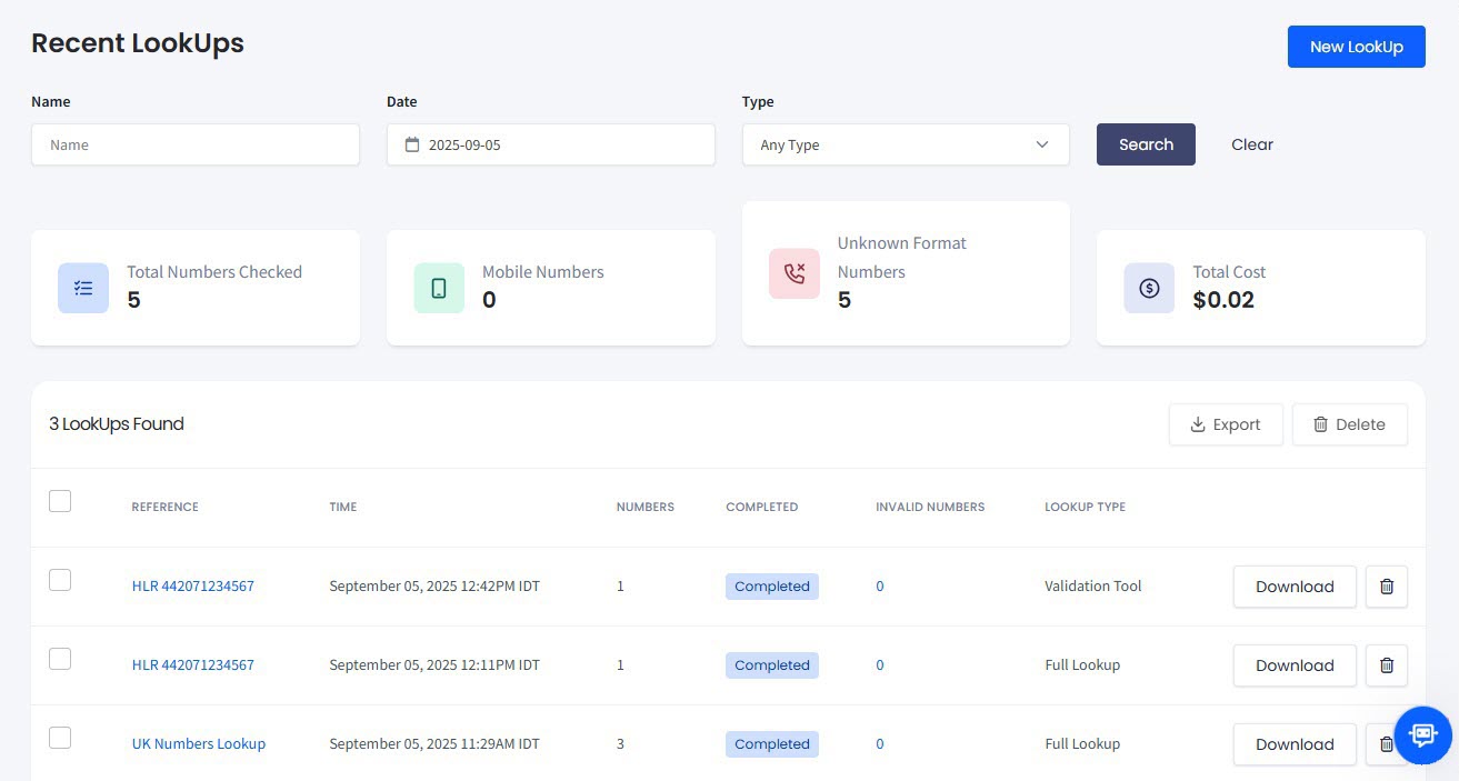 Screenshot of Recent LookUps page