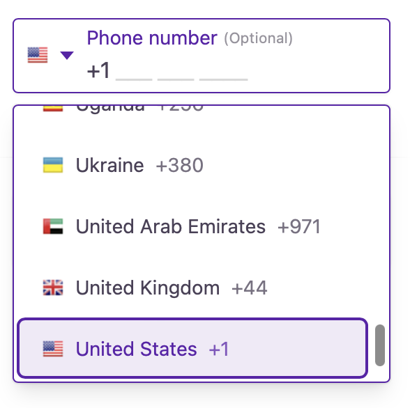 Phone number country selector in customer journey