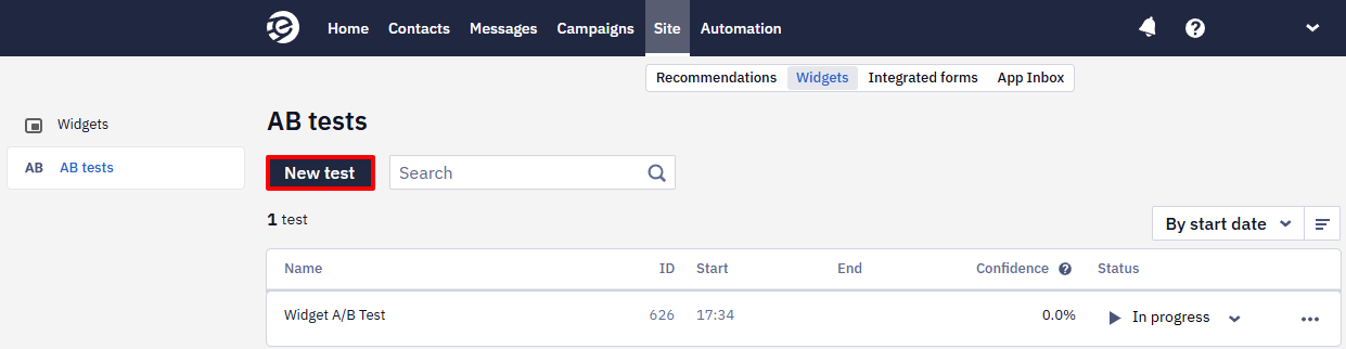AB tests page with an Install the script on the site banner and the highlighted New test button