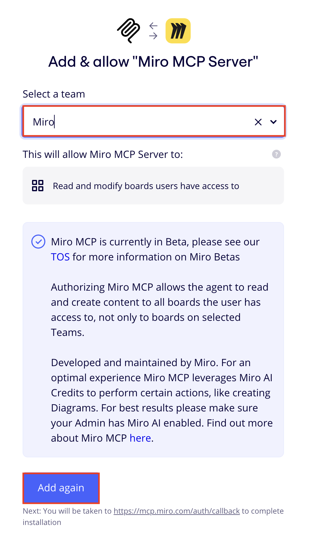 Select the desired team and click on "Add"