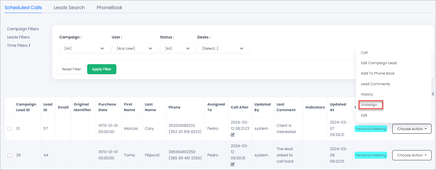 Screenshot with unassign in lead actions