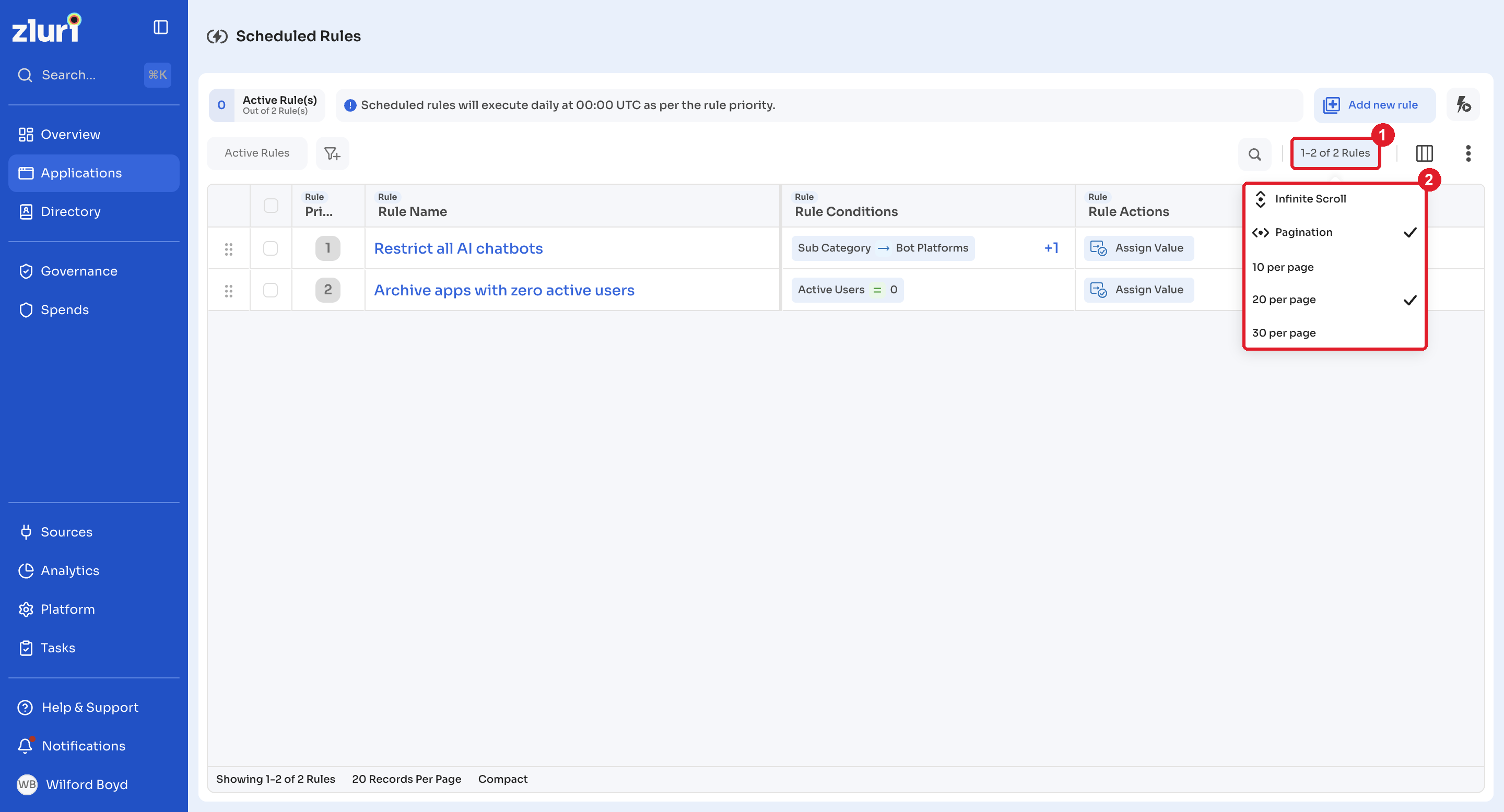 Pagination configuration menu