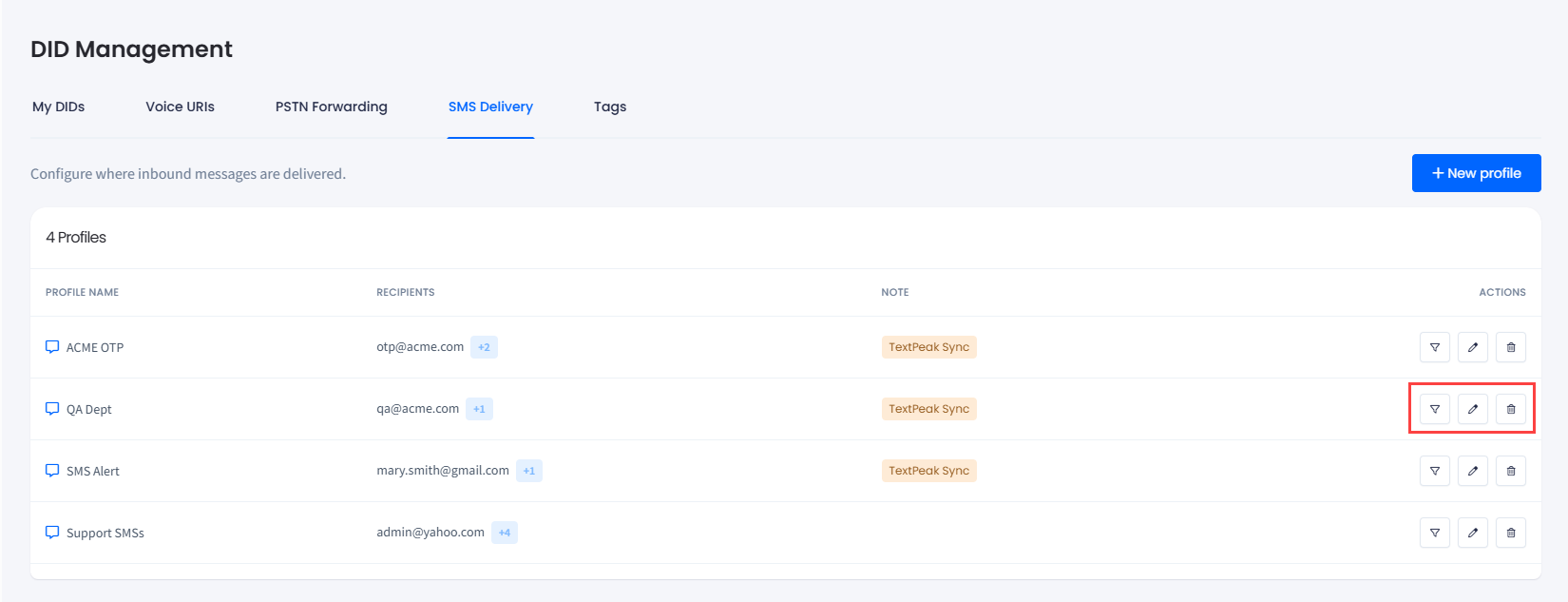 Screenshot of the SMS delivery actions