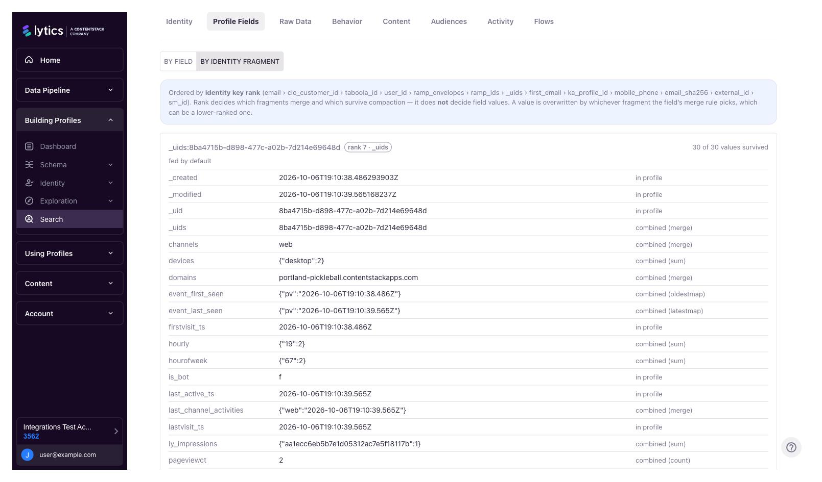 By identity fragment view listing a fragment's fields and whether each survived on the profile