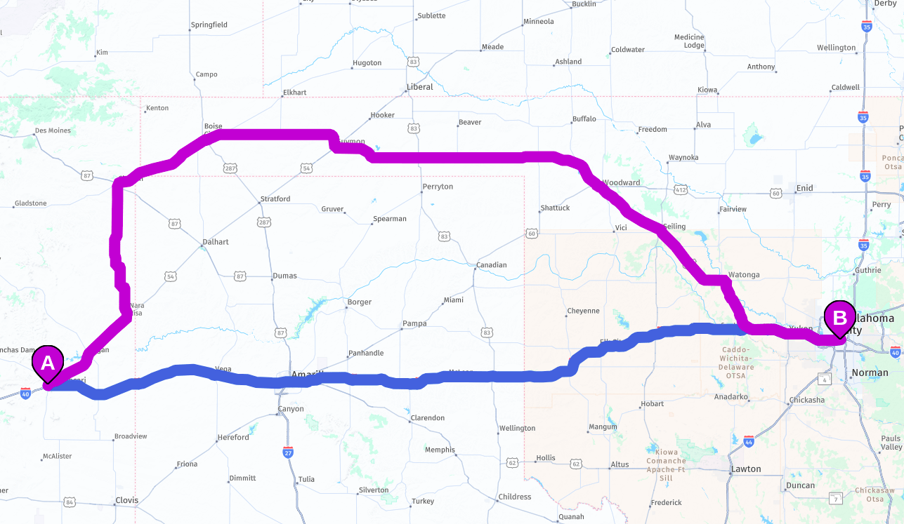 Route excluding Texas
