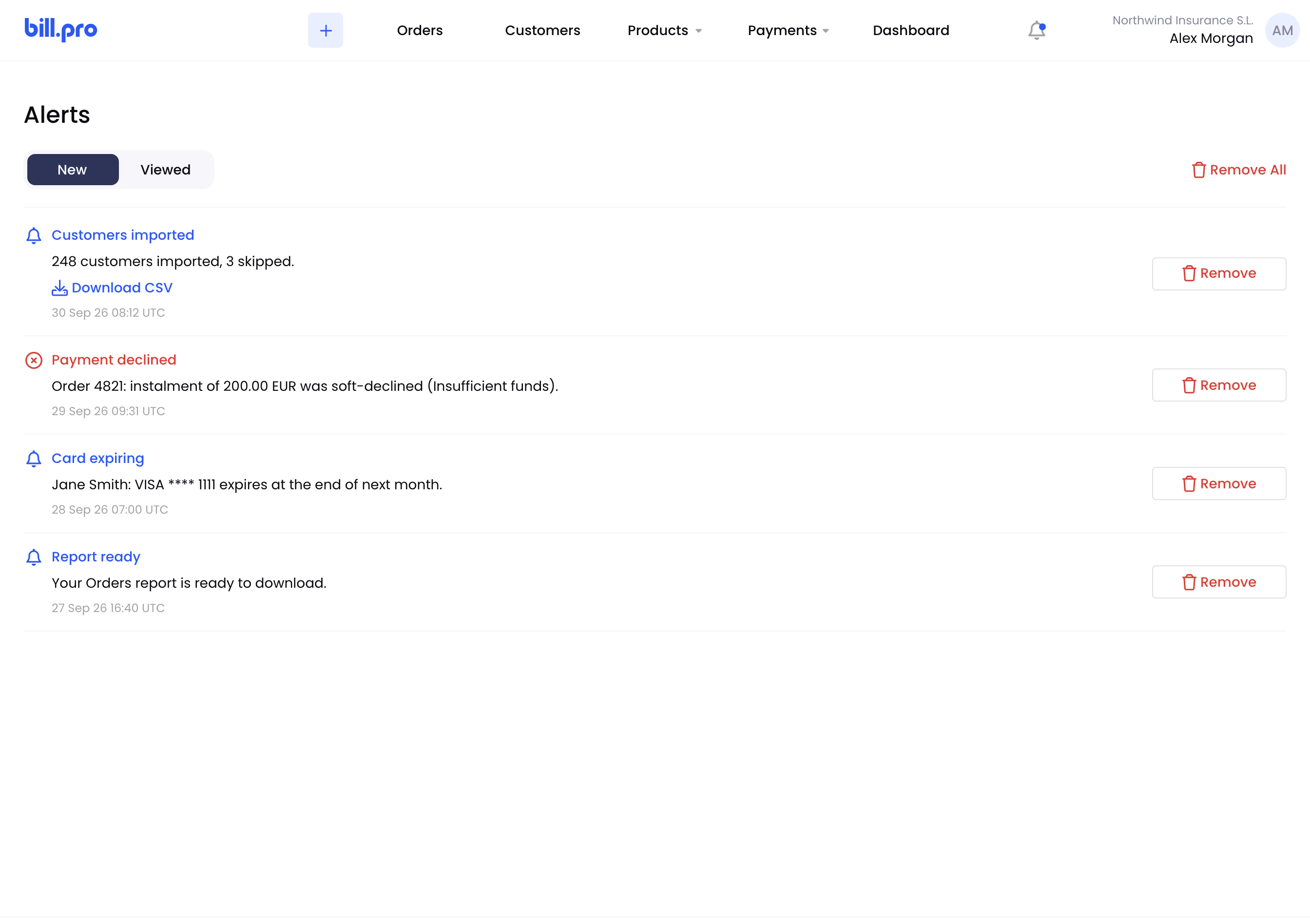 The Alerts page with four new alerts