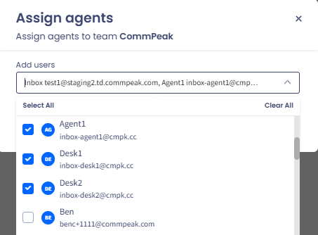 Screenshot of the drop-down checklist of users to be added as agents to team 'CommPeak' and the 'Select All' and 'Clear All' buttons.