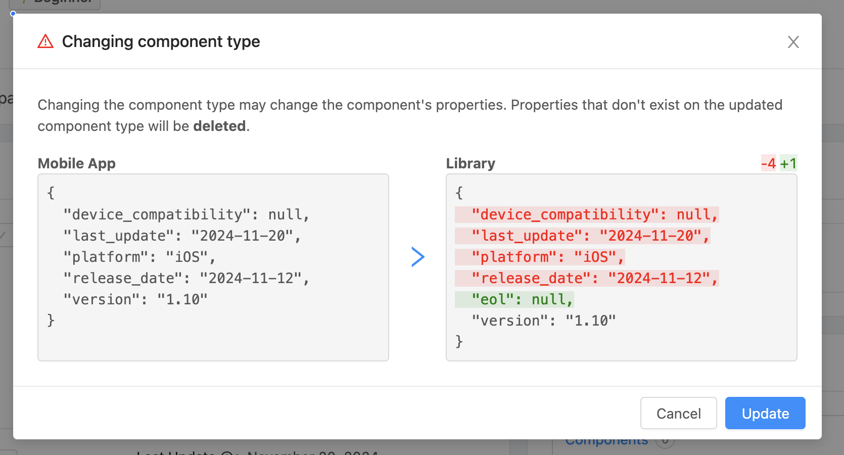 The modal displayed when changing a component's type from "Mobile App" to "Library" via the UI.