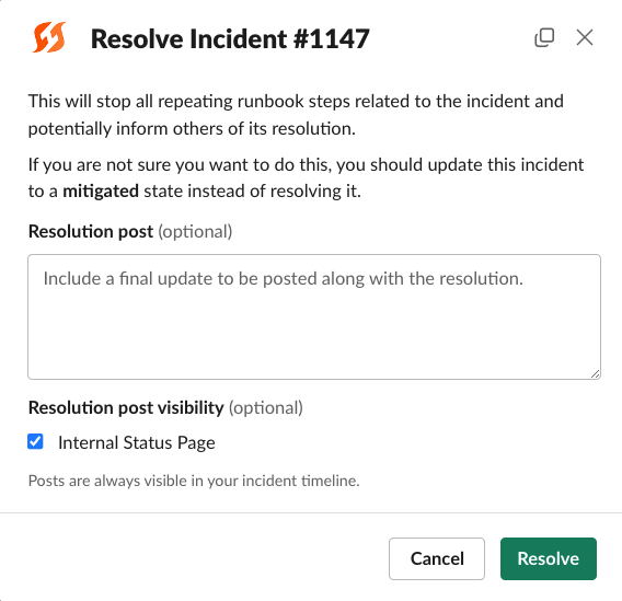 Resolve incident modal in Slack