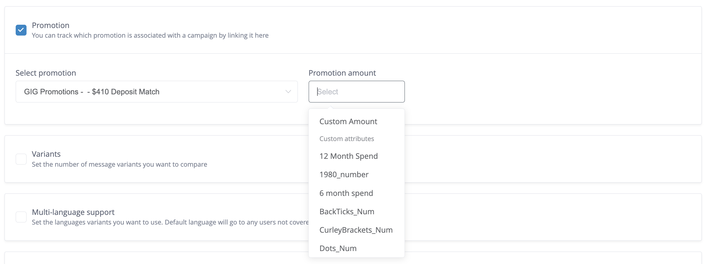 Dropdown allows users to select custom attributes from the users profile as the promotion amount value